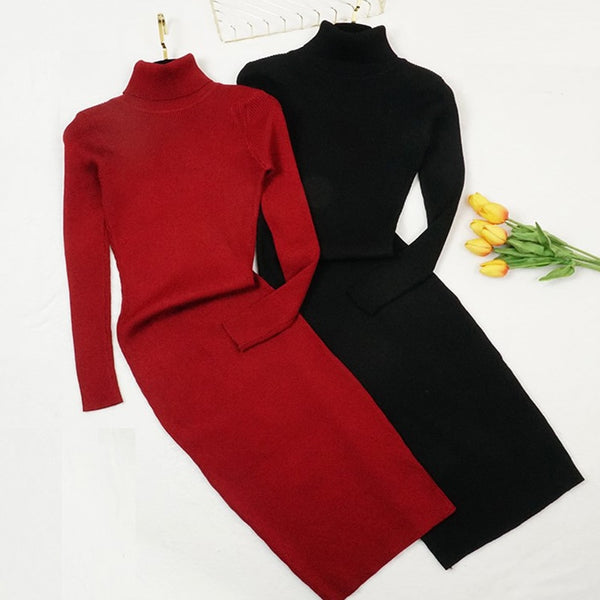 Autumn Winter Women Knitted Dress Turtleneck Sweater Dress