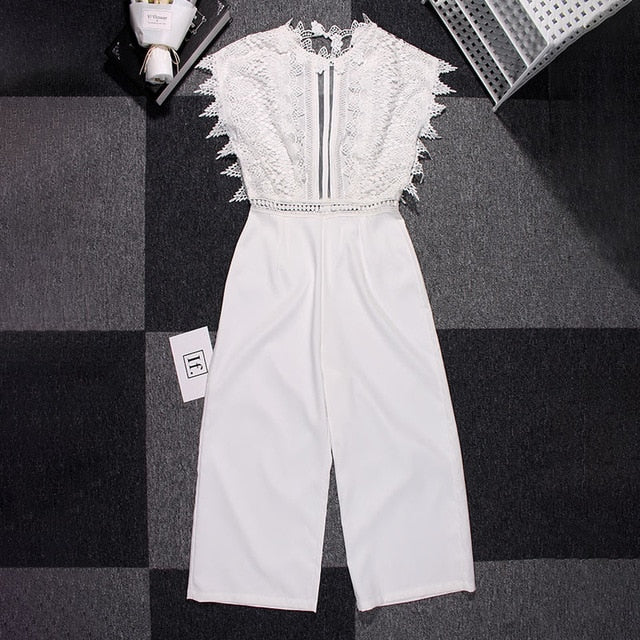 Sexy Lace Hollow Out Women's Jumpsuit Rompers Sleeveless Backless Black White Overalls 2020 Summer Wide Leg Ruffles Playsuits
