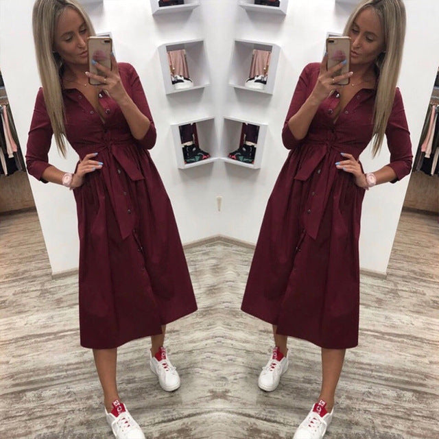 Casual Sashes a Line Women Dress Ladies Long Sleeve Turn Down Collar Fashion Party Dress Autumn Elegant Long Dress shirt dress