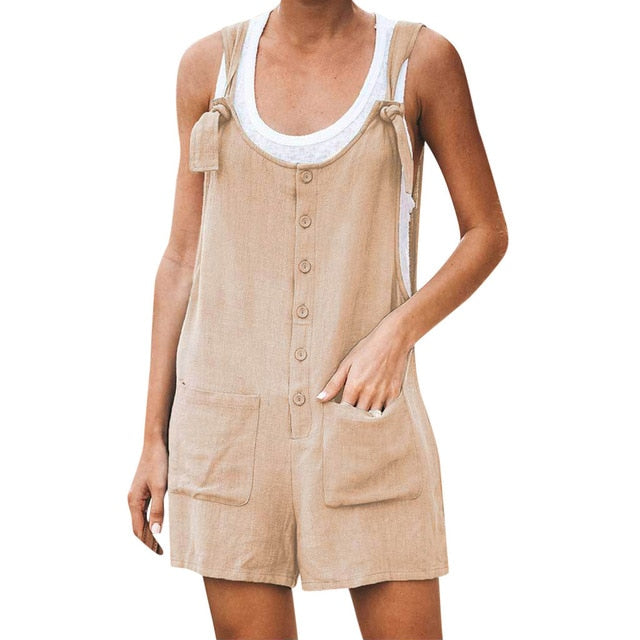 Women's Casual Button Pocket Jumsuit Female Ladies Summer Linen Vintage Shift Spaghetti-Strap Rompers Playsuits 2019