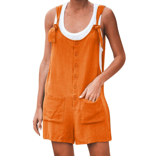 Women's Casual Button Pocket Jumsuit Female Ladies Summer Linen Vintage Shift Spaghetti-Strap Rompers Playsuits 2019