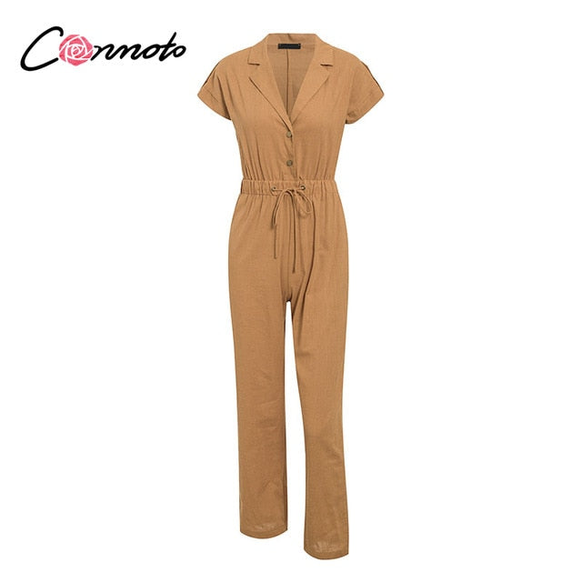 Conmoto solid summer beach women jumpsuits romper casual button lace up wide leg  jumpsuit long pocket playsuit rompers