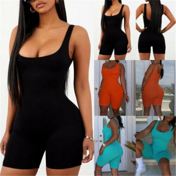 Newest Women Rompers Sleeveless Solid Black Orange Blue Halter Jumpsuit Lady Bodycon Playsuit Slim Short Pants Female Bodysuit