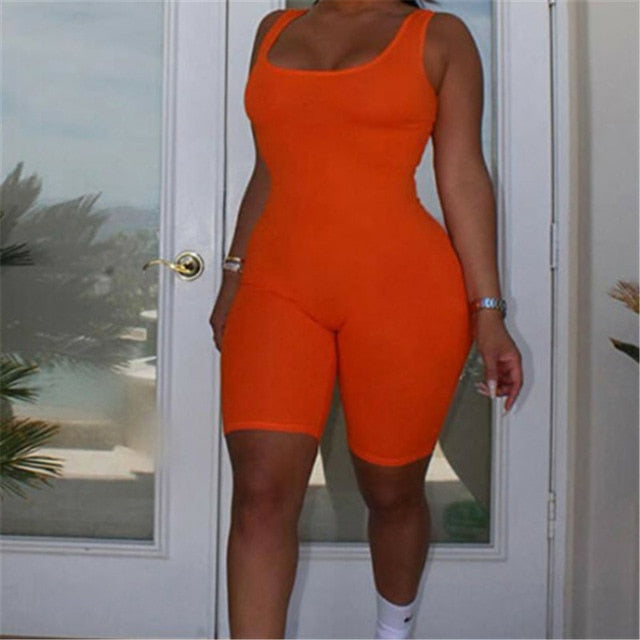Newest Women Rompers Sleeveless Solid Black Orange Blue Halter Jumpsuit Lady Bodycon Playsuit Slim Short Pants Female Bodysuit
