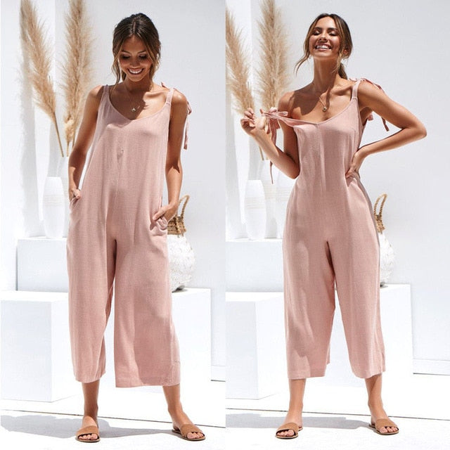 Rompers 2019 Summer new Women Casual Loose Linen Cotton Jumpsuit Sleeveless Backless Playsuit Trousers Overalls
