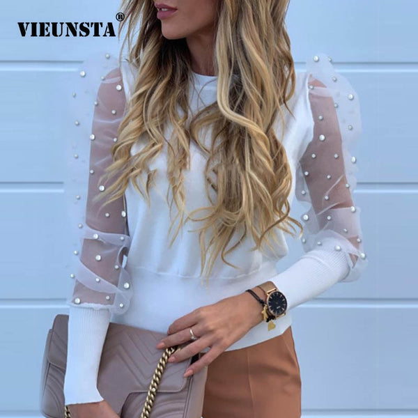 Neue Frauen Mesh Sheer Bluse Sehen-durch Puff Langarm Bluse Mode Perle Transparent Weißes Hemd Weibliche Blusas Herbst tops