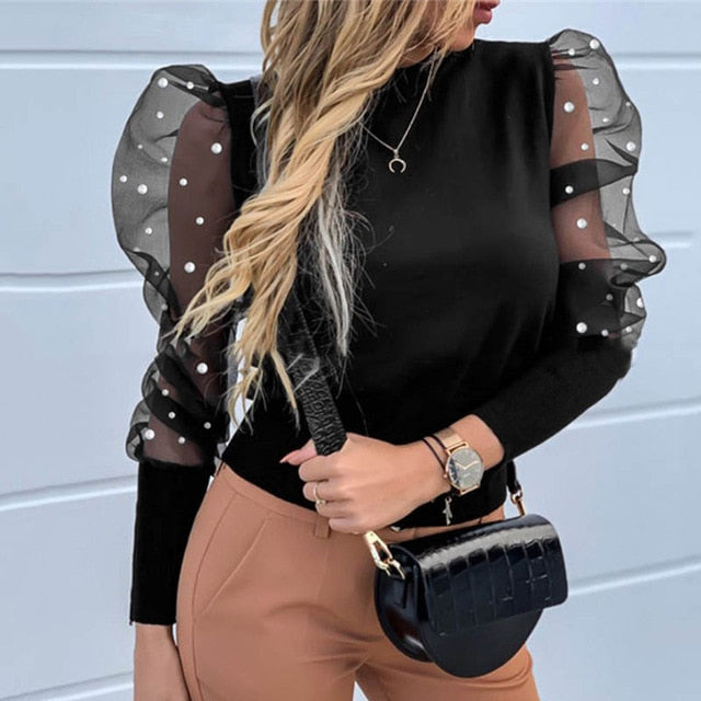 Neue Frauen Mesh Sheer Bluse Sehen-durch Puff Langarm Bluse Mode Perle Transparent Weißes Hemd Weibliche Blusas Herbst tops