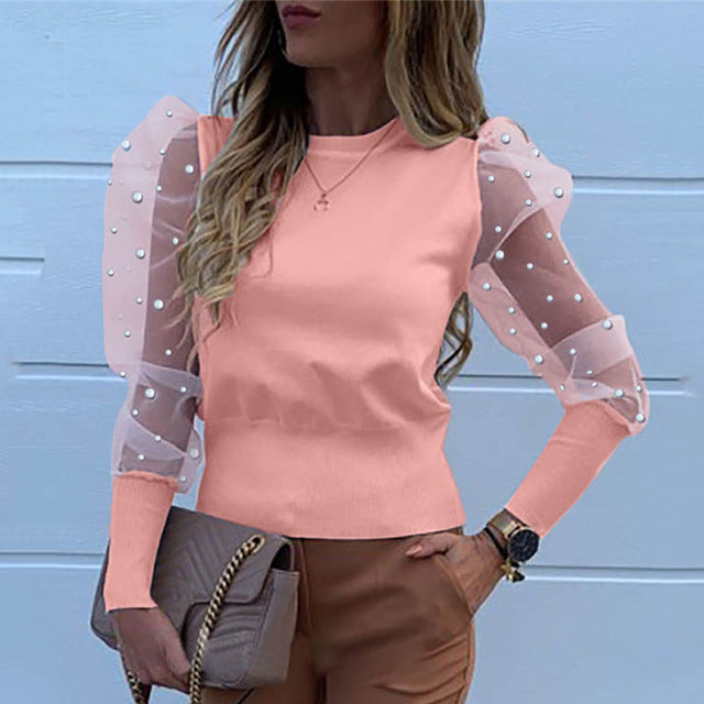 Neue Frauen Mesh Sheer Bluse Sehen-durch Puff Langarm Bluse Mode Perle Transparent Weißes Hemd Weibliche Blusas Herbst tops