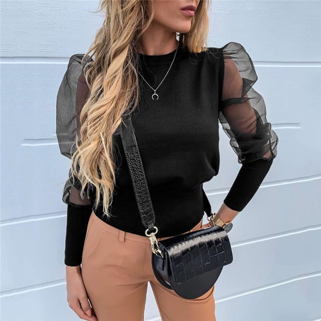 Neue Frauen Mesh Sheer Bluse Sehen-durch Puff Langarm Bluse Mode Perle Transparent Weißes Hemd Weibliche Blusas Herbst tops