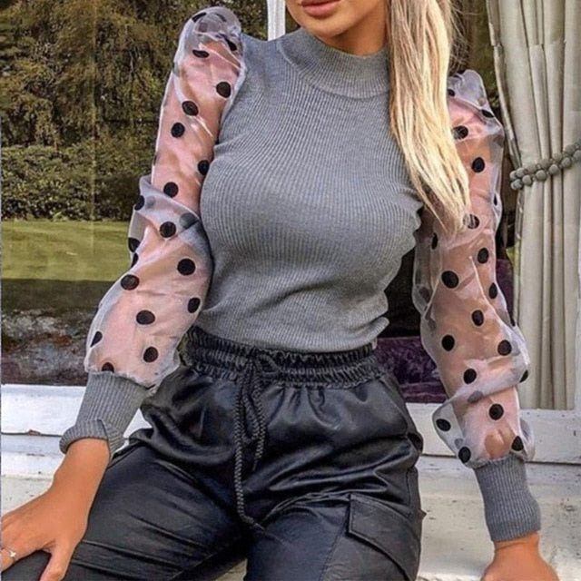 Neue Frauen Mesh Sheer Bluse Sehen-durch Puff Langarm Bluse Mode Perle Transparent Weißes Hemd Weibliche Blusas Herbst tops