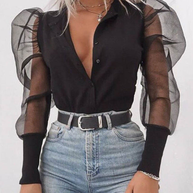 Neue Frauen Mesh Sheer Bluse Sehen-durch Puff Langarm Bluse Mode Perle Transparent Weißes Hemd Weibliche Blusas Herbst tops