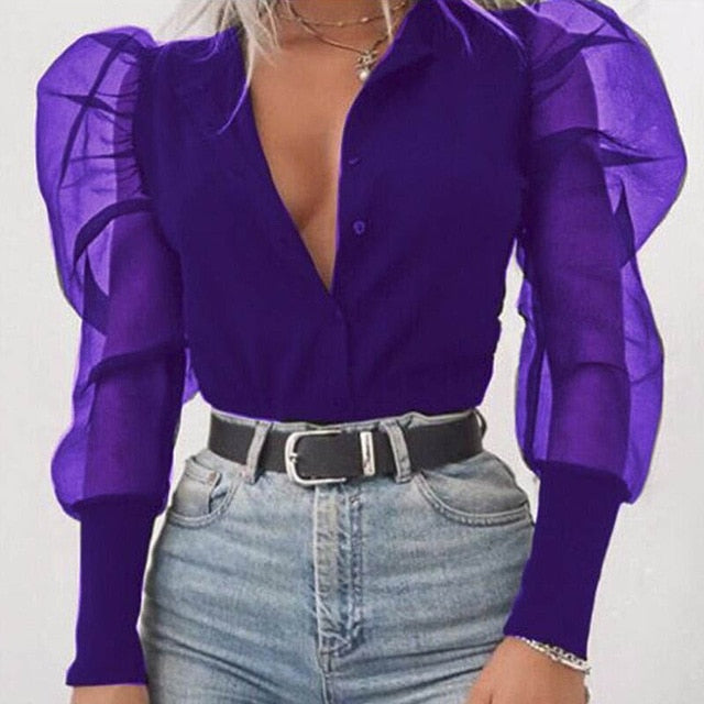 Neue Frauen Mesh Sheer Bluse Sehen-durch Puff Langarm Bluse Mode Perle Transparent Weißes Hemd Weibliche Blusas Herbst tops