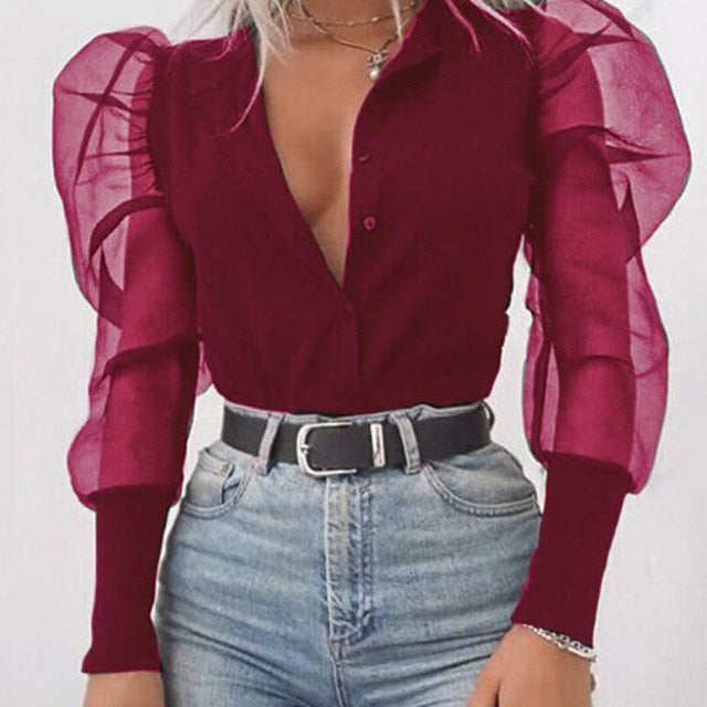 Neue Frauen Mesh Sheer Bluse Sehen-durch Puff Langarm Bluse Mode Perle Transparent Weißes Hemd Weibliche Blusas Herbst tops