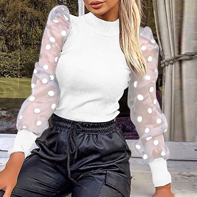 Neue Frauen Mesh Sheer Bluse Sehen-durch Puff Langarm Bluse Mode Perle Transparent Weißes Hemd Weibliche Blusas Herbst tops