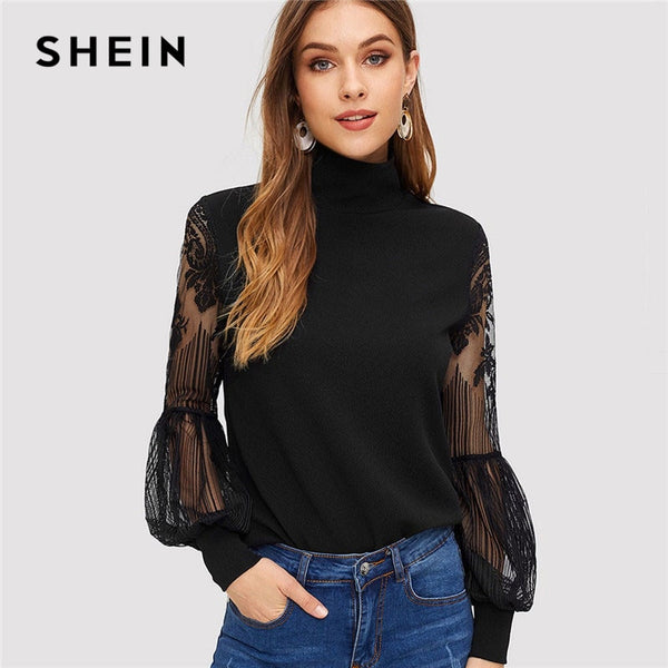 SHEIN Blouse en maille à la mode, col montant en dentelle pour femmes manches longues avec motif de lanterne