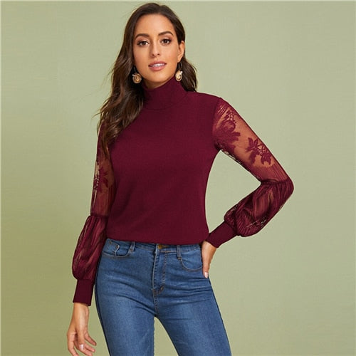 SHEIN Blouse en maille à la mode, col montant en dentelle pour femmes manches longues avec motif de lanterne