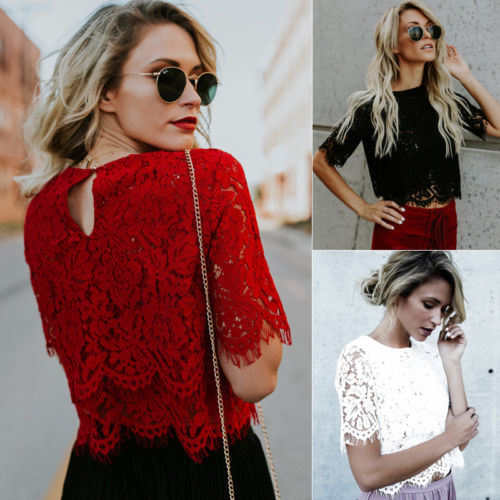 Fashion Women Loose Short Sleeve Tops Lace Floral Short Sleeves
