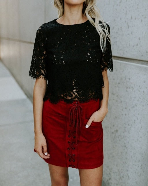 Fashion Women Loose Short Sleeve Tops Lace Floral Short Sleeves