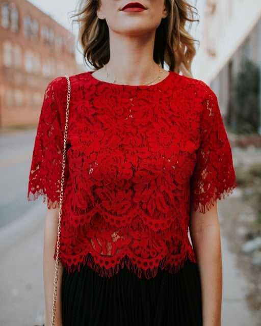 Fashion Women Loose Short Sleeve Tops Lace Floral Short Sleeves