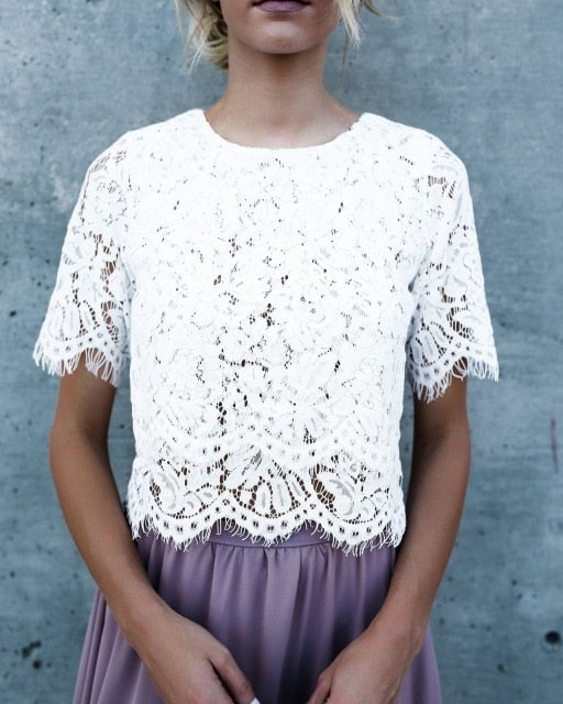 Fashion Women Loose Short Sleeve Tops Lace Floral Short Sleeves