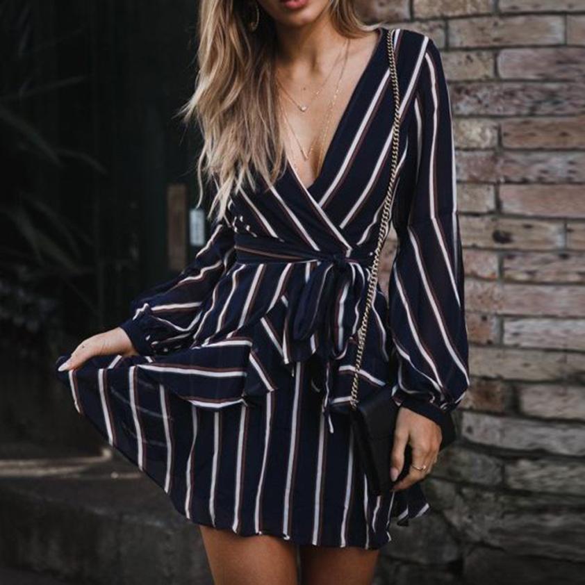 Dress Women's Fashion Lantern Sleeve Casual Striped V-Neck